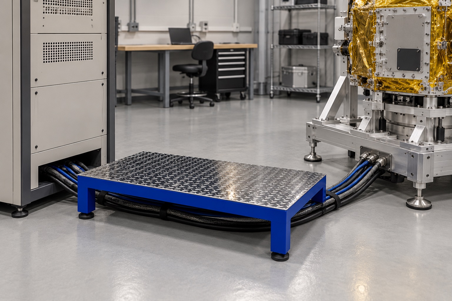 DeSmet 103-100 fixed-top Cable Step Cover over cables connecting a hardware test cabinet to a sensitive spacecraft test subject.