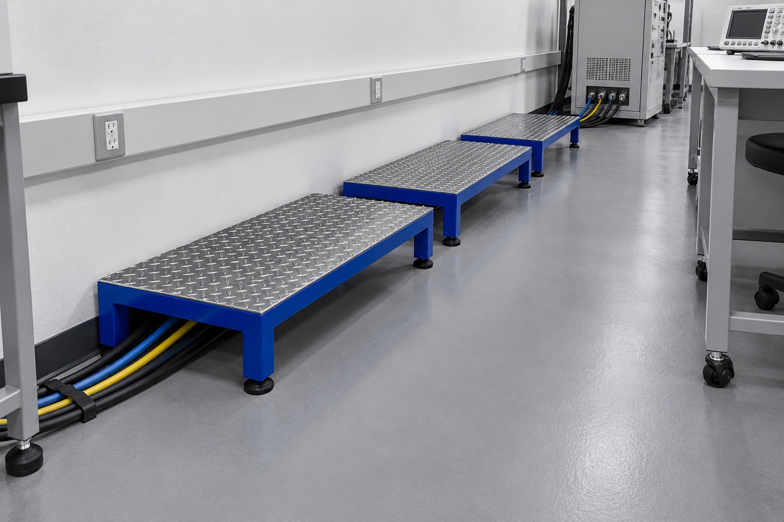 Three DeSmet 103-100 fixed-top Cable Step Covers lined up along a wall-perimeter cable run in a test laboratory.