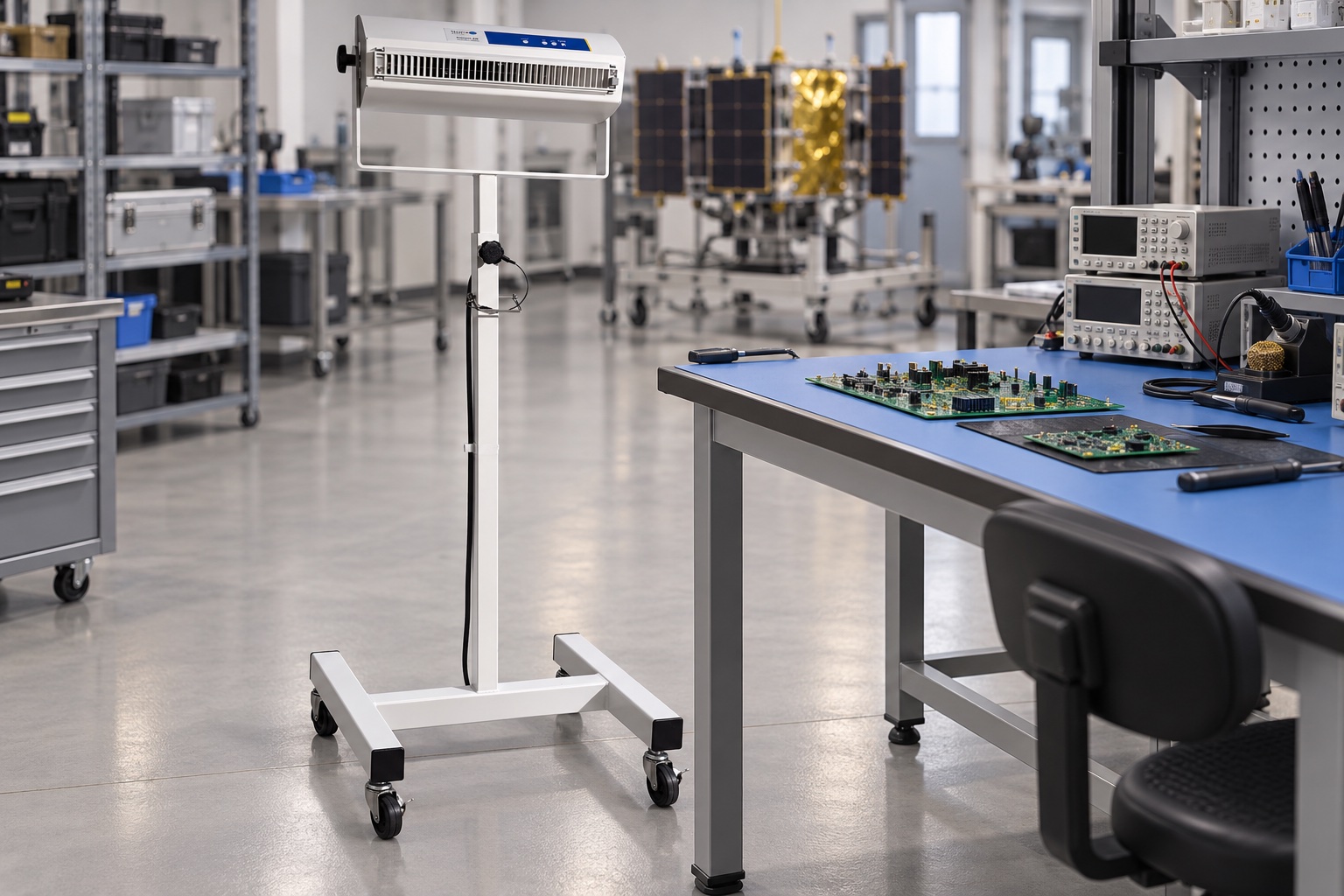 DeSmet 102-101 Ionizer Stand with an XC2 blower beside an electronics bench in an aerospace laboratory.