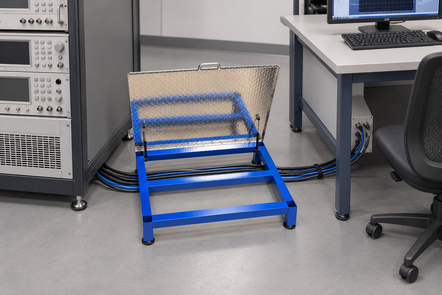 DeSmet 101-100 Cable Step Cover over a cable run between a hardware test cabinet and a computer workstation.
