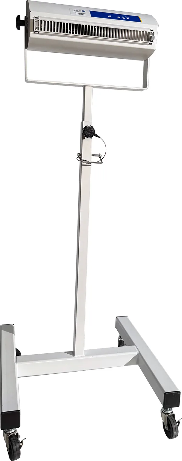 Ionizer Stand in white powder-coated steel with a Simco Aerostat XC2 ionizer mounted on the telescoping column, on a caster base